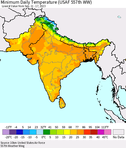 Southern Asia Minimum Daily Temperature (USAF 557th WW) Thematic Map For 9/11/2023 - 9/17/2023