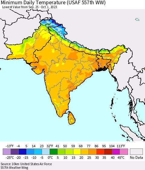 Southern Asia Minimum Daily Temperature (USAF 557th WW) Thematic Map For 9/25/2023 - 10/1/2023