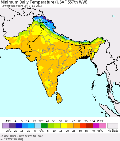 Southern Asia Minimum Daily Temperature (USAF 557th WW) Thematic Map For 10/9/2023 - 10/15/2023