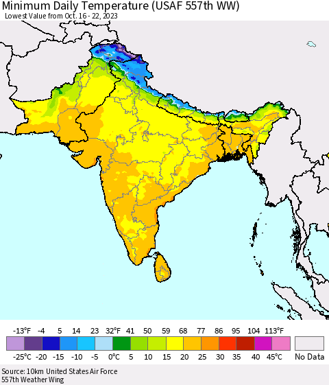 Southern Asia Minimum Daily Temperature (USAF 557th WW) Thematic Map For 10/16/2023 - 10/22/2023