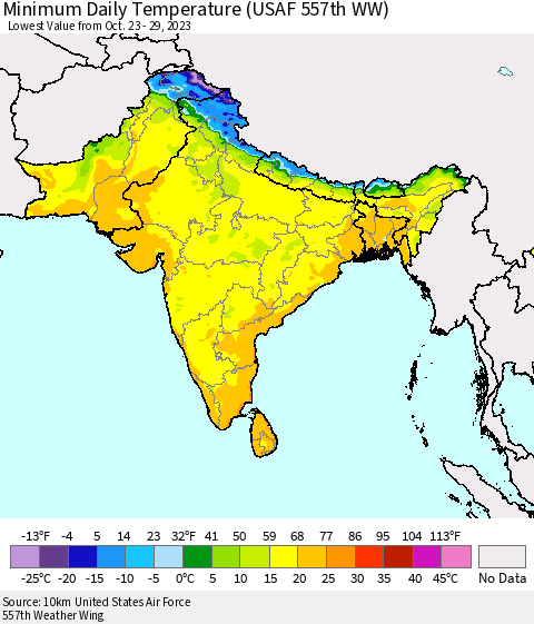 Southern Asia Minimum Daily Temperature (USAF 557th WW) Thematic Map For 10/23/2023 - 10/29/2023