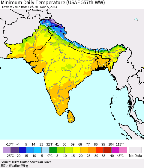 Southern Asia Minimum Daily Temperature (USAF 557th WW) Thematic Map For 10/30/2023 - 11/5/2023
