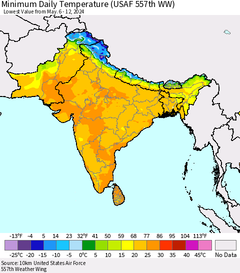 Southern Asia Minimum Daily Temperature (USAF 557th WW) Thematic Map For 5/6/2024 - 5/12/2024