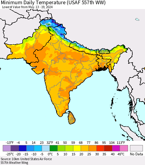 Southern Asia Minimum Daily Temperature (USAF 557th WW) Thematic Map For 5/13/2024 - 5/19/2024
