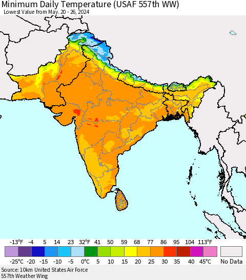 Southern Asia Minimum Daily Temperature (USAF 557th WW) Thematic Map For 5/20/2024 - 5/26/2024