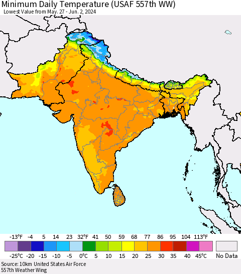 Southern Asia Minimum Daily Temperature (USAF 557th WW) Thematic Map For 5/27/2024 - 6/2/2024