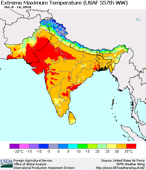Southern Asia Maximum Daily Temperature (USAF 557th WW) Thematic Map For 10/8/2018 - 10/14/2018
