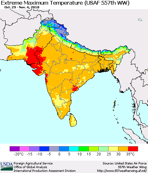 Southern Asia Maximum Daily Temperature (USAF 557th WW) Thematic Map For 10/29/2018 - 11/4/2018