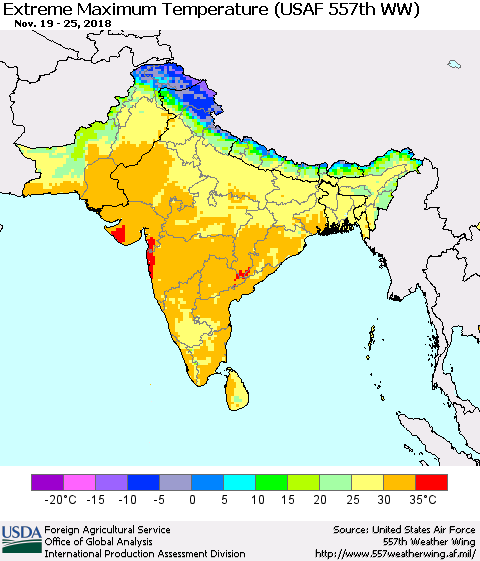 Southern Asia Maximum Daily Temperature (USAF 557th WW) Thematic Map For 11/19/2018 - 11/25/2018
