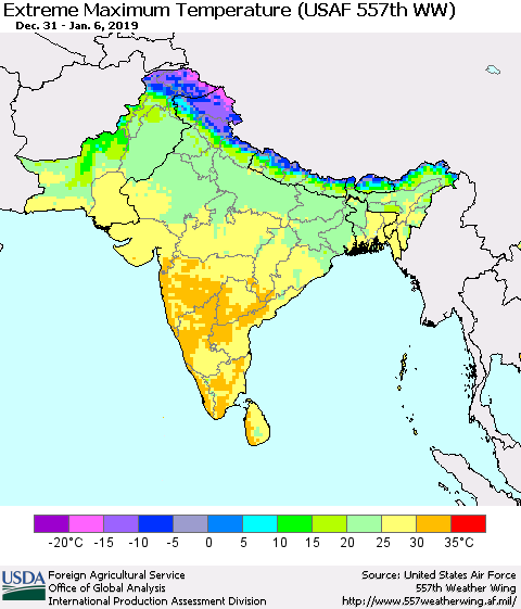 Southern Asia Maximum Daily Temperature (USAF 557th WW) Thematic Map For 12/31/2018 - 1/6/2019