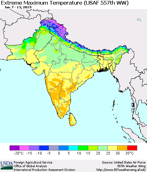 Southern Asia Maximum Daily Temperature (USAF 557th WW) Thematic Map For 1/7/2019 - 1/13/2019