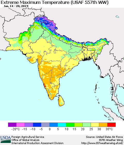 Southern Asia Maximum Daily Temperature (USAF 557th WW) Thematic Map For 1/14/2019 - 1/20/2019