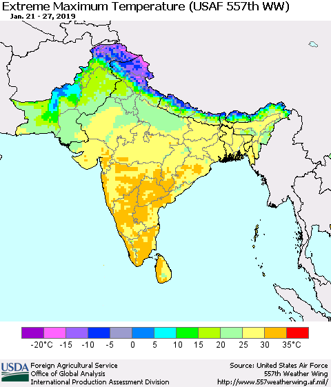Southern Asia Maximum Daily Temperature (USAF 557th WW) Thematic Map For 1/21/2019 - 1/27/2019