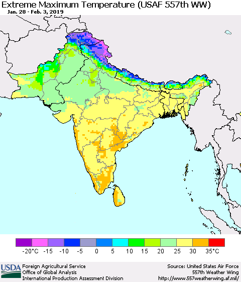 Southern Asia Maximum Daily Temperature (USAF 557th WW) Thematic Map For 1/28/2019 - 2/3/2019