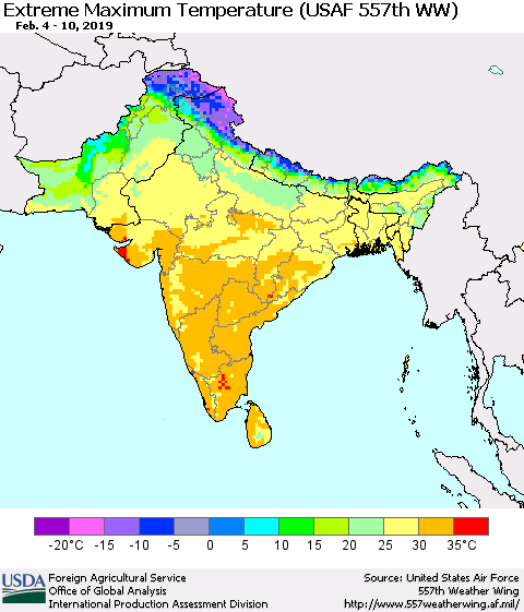 Southern Asia Maximum Daily Temperature (USAF 557th WW) Thematic Map For 2/4/2019 - 2/10/2019