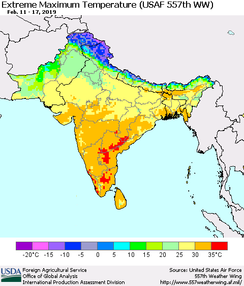 Southern Asia Maximum Daily Temperature (USAF 557th WW) Thematic Map For 2/11/2019 - 2/17/2019