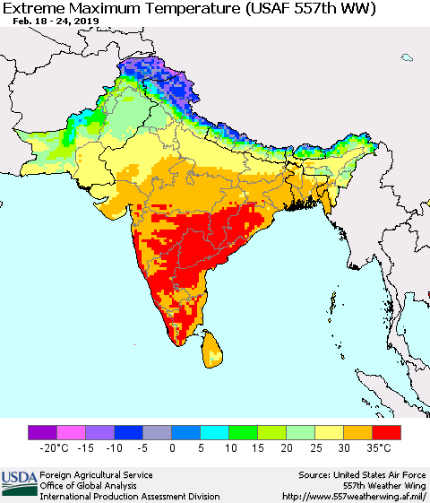 Southern Asia Maximum Daily Temperature (USAF 557th WW) Thematic Map For 2/18/2019 - 2/24/2019