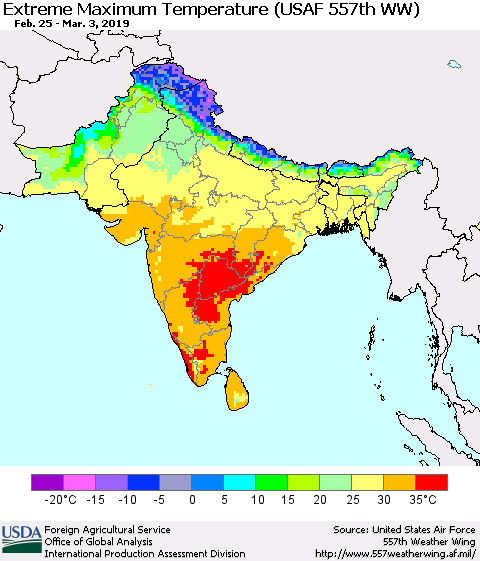 Southern Asia Maximum Daily Temperature (USAF 557th WW) Thematic Map For 2/25/2019 - 3/3/2019