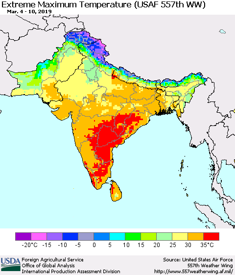 Southern Asia Maximum Daily Temperature (USAF 557th WW) Thematic Map For 3/4/2019 - 3/10/2019
