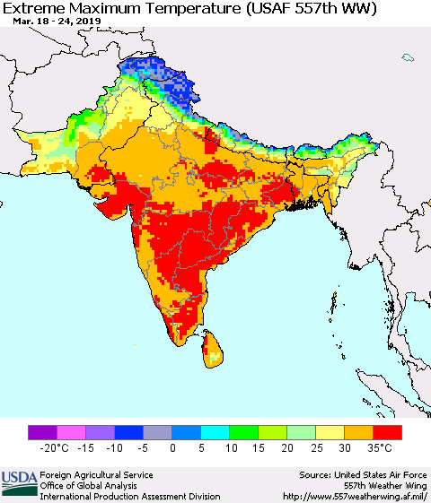 Southern Asia Maximum Daily Temperature (USAF 557th WW) Thematic Map For 3/18/2019 - 3/24/2019