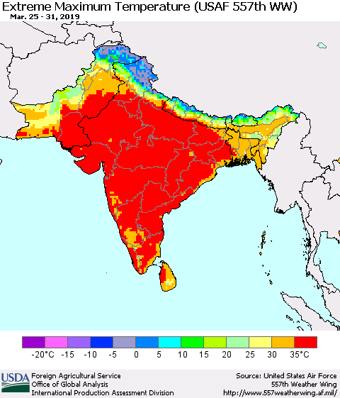 Southern Asia Maximum Daily Temperature (USAF 557th WW) Thematic Map For 3/25/2019 - 3/31/2019