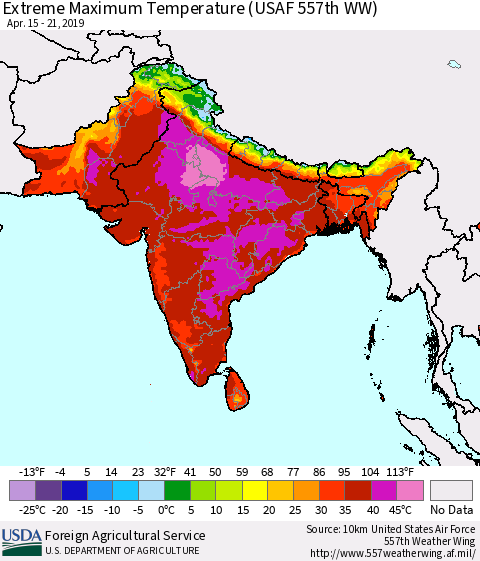 Southern Asia Maximum Daily Temperature (USAF 557th WW) Thematic Map For 4/15/2019 - 4/21/2019