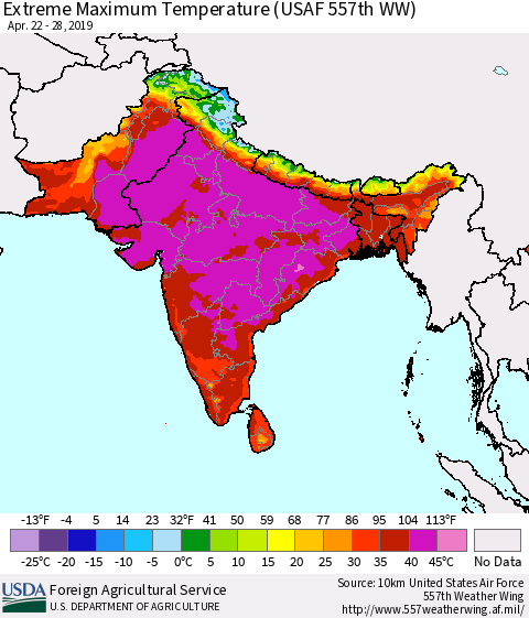 Southern Asia Maximum Daily Temperature (USAF 557th WW) Thematic Map For 4/22/2019 - 4/28/2019