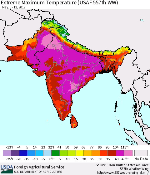 Southern Asia Extreme Maximum Temperature (USAF 557th WW) Thematic Map For 5/6/2019 - 5/12/2019