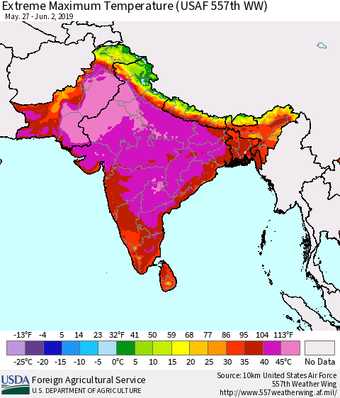 Southern Asia Extreme Maximum Temperature (USAF 557th WW) Thematic Map For 5/27/2019 - 6/2/2019