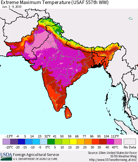 Southern Asia Extreme Maximum Temperature (USAF 557th WW) Thematic Map For 6/3/2019 - 6/9/2019