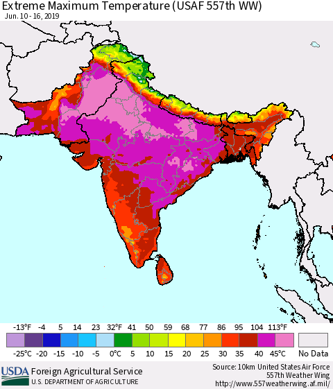 Southern Asia Extreme Maximum Temperature (USAF 557th WW) Thematic Map For 6/10/2019 - 6/16/2019