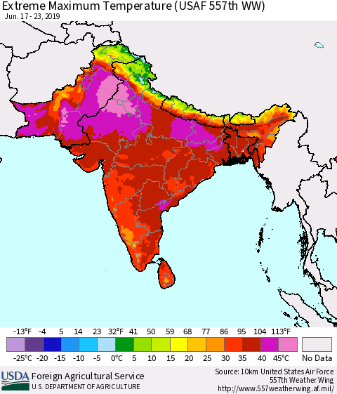 Southern Asia Extreme Maximum Temperature (USAF 557th WW) Thematic Map For 6/17/2019 - 6/23/2019