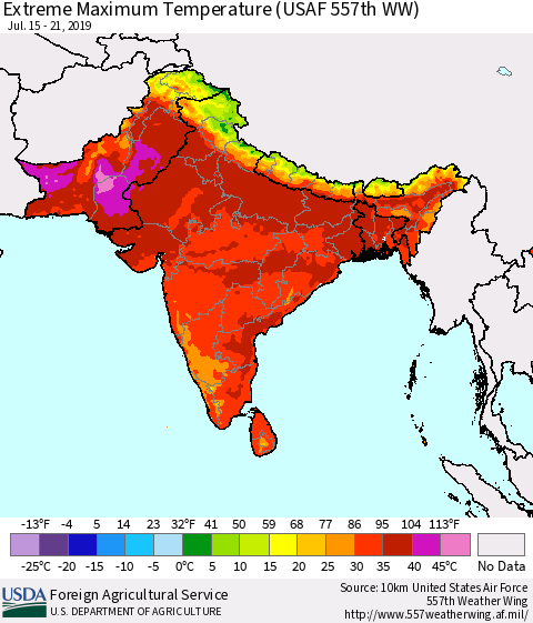 Southern Asia Extreme Maximum Temperature (USAF 557th WW) Thematic Map For 7/15/2019 - 7/21/2019