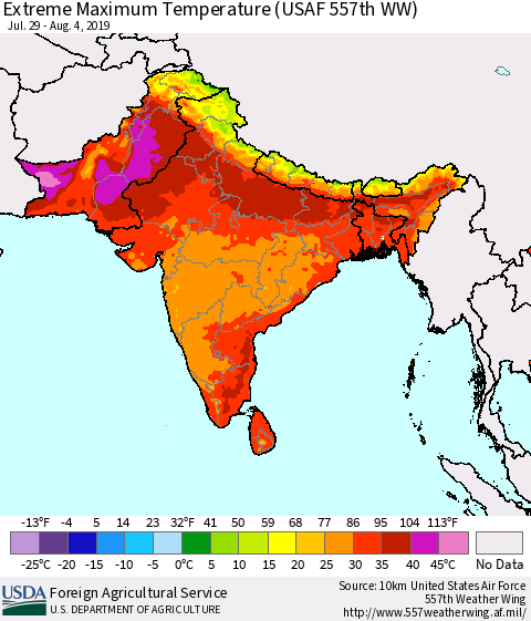 Southern Asia Extreme Maximum Temperature (USAF 557th WW) Thematic Map For 7/29/2019 - 8/4/2019