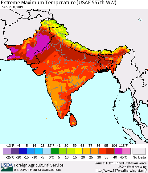 Southern Asia Extreme Maximum Temperature (USAF 557th WW) Thematic Map For 9/2/2019 - 9/8/2019