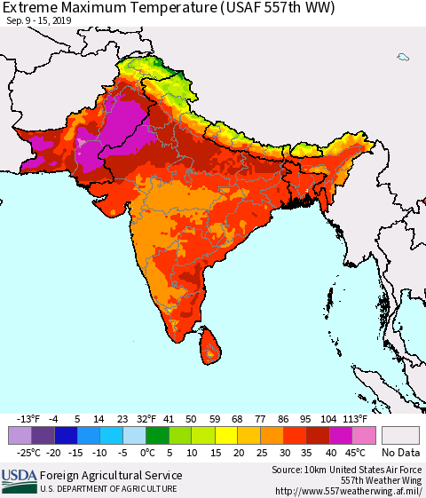 Southern Asia Extreme Maximum Temperature (USAF 557th WW) Thematic Map For 9/9/2019 - 9/15/2019
