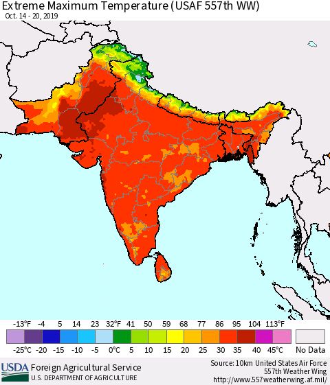 Southern Asia Maximum Daily Temperature (USAF 557th WW) Thematic Map For 10/14/2019 - 10/20/2019