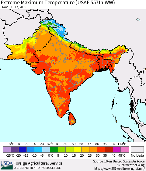 Southern Asia Maximum Daily Temperature (USAF 557th WW) Thematic Map For 11/11/2019 - 11/17/2019