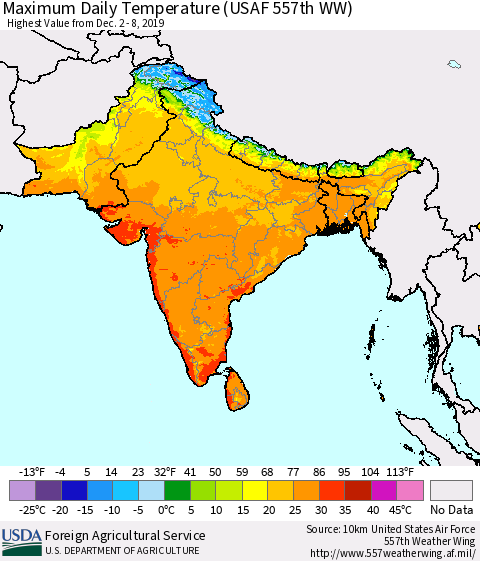 Southern Asia Maximum Daily Temperature (USAF 557th WW) Thematic Map For 12/2/2019 - 12/8/2019