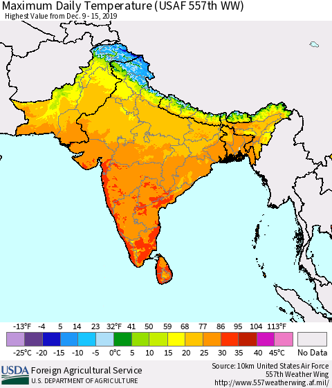 Southern Asia Maximum Daily Temperature (USAF 557th WW) Thematic Map For 12/9/2019 - 12/15/2019