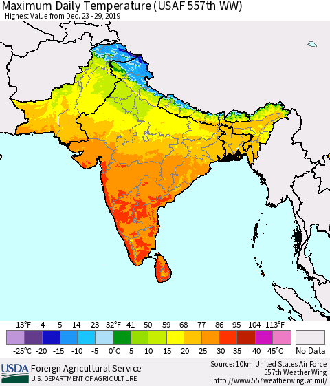 Southern Asia Maximum Daily Temperature (USAF 557th WW) Thematic Map For 12/23/2019 - 12/29/2019