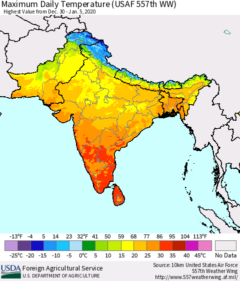 Southern Asia Maximum Daily Temperature (USAF 557th WW) Thematic Map For 12/30/2019 - 1/5/2020