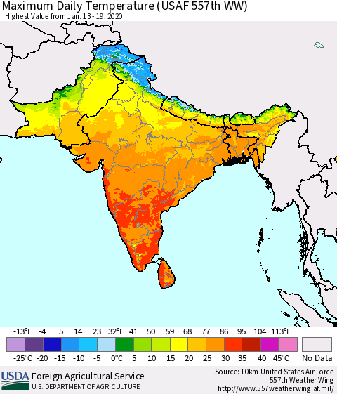 Southern Asia Maximum Daily Temperature (USAF 557th WW) Thematic Map For 1/13/2020 - 1/19/2020