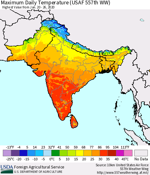 Southern Asia Maximum Daily Temperature (USAF 557th WW) Thematic Map For 1/20/2020 - 1/26/2020