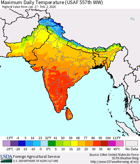 Southern Asia Maximum Daily Temperature (USAF 557th WW) Thematic Map For 1/27/2020 - 2/2/2020