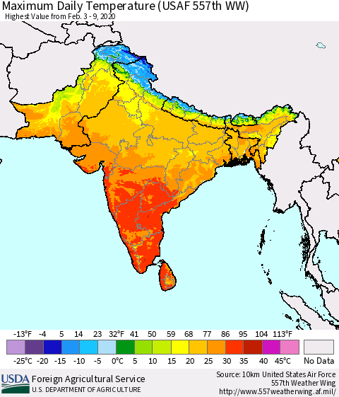 Southern Asia Maximum Daily Temperature (USAF 557th WW) Thematic Map For 2/3/2020 - 2/9/2020