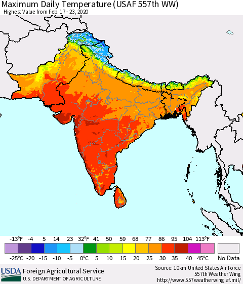 Southern Asia Maximum Daily Temperature (USAF 557th WW) Thematic Map For 2/17/2020 - 2/23/2020