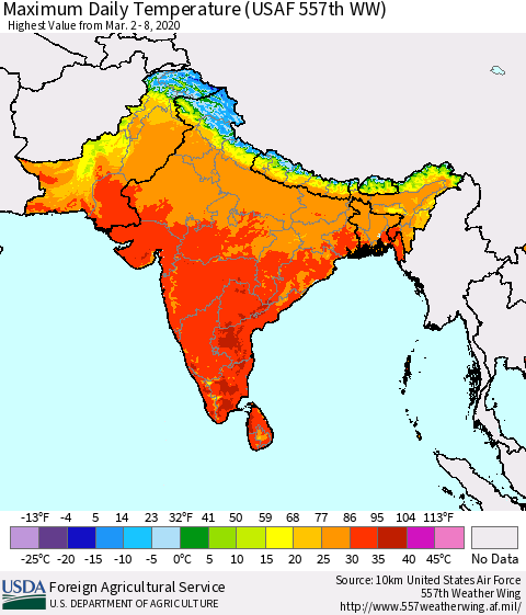 Southern Asia Maximum Daily Temperature (USAF 557th WW) Thematic Map For 3/2/2020 - 3/8/2020