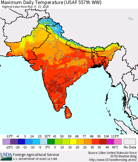 Southern Asia Maximum Daily Temperature (USAF 557th WW) Thematic Map For 3/9/2020 - 3/15/2020