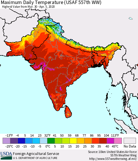 Southern Asia Maximum Daily Temperature (USAF 557th WW) Thematic Map For 3/30/2020 - 4/5/2020